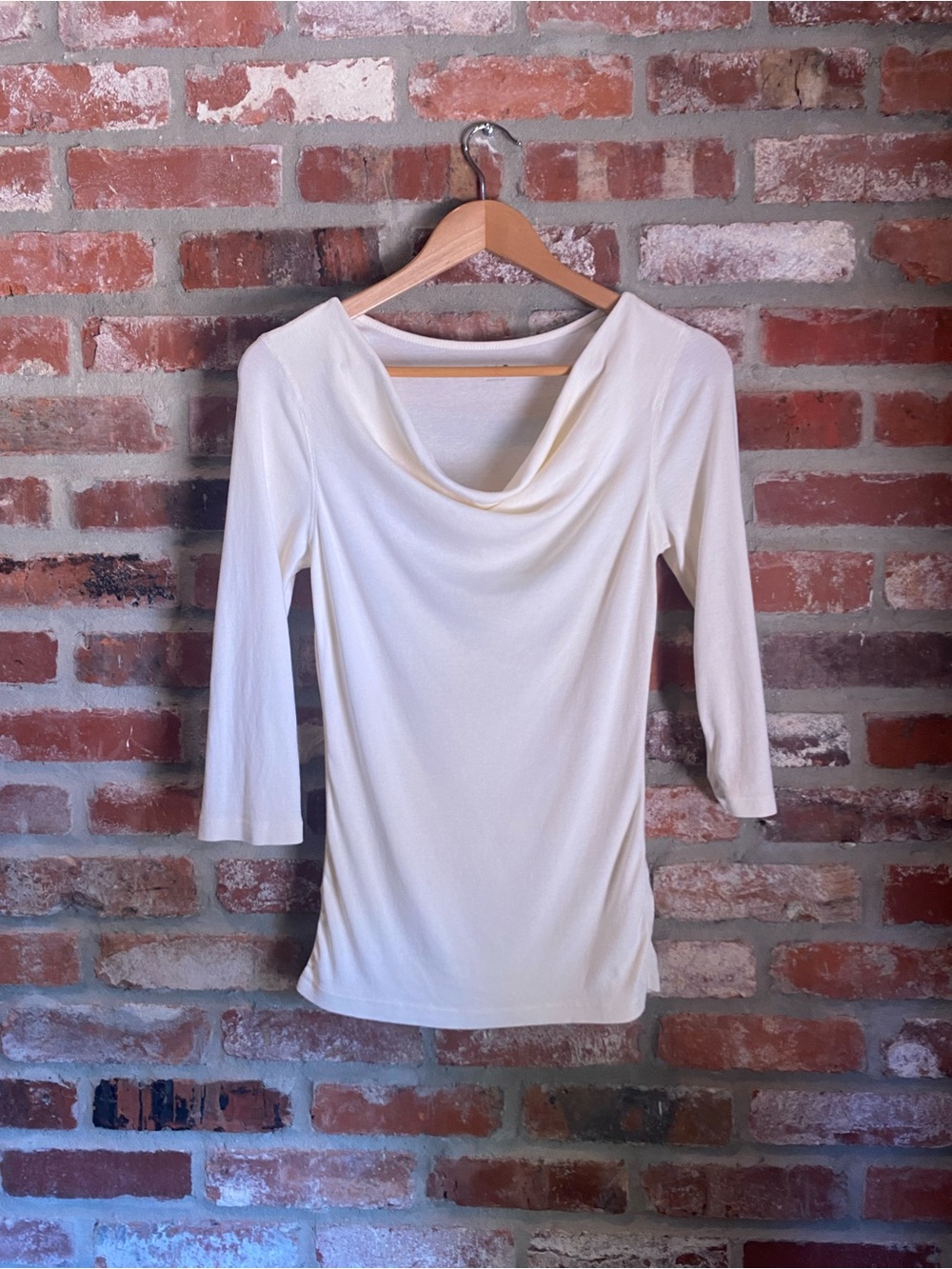 Three Dots Cream Draped Neck Long Sleeve Top